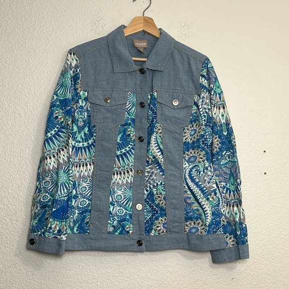 Chico’s Women’s Paisley Print Chambray Button Down Light Jacket Size 2 Large - Picture 1 of 8